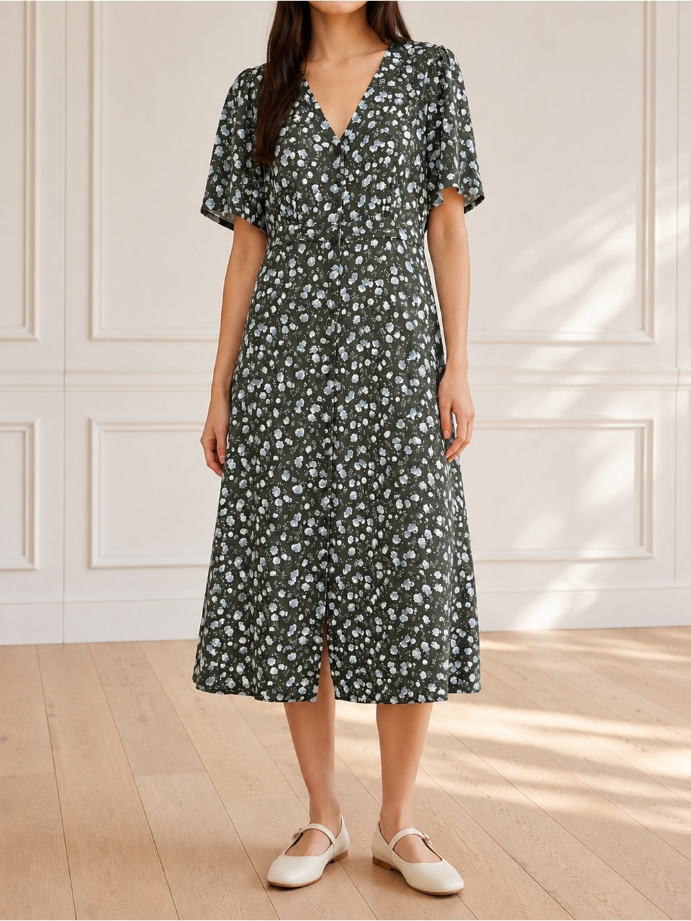 ABLE Amelia Dress Sz Medium Green Abstract Floral Button Front Midi Cottagecore